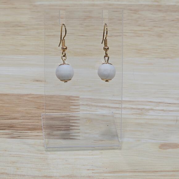 Joan Vass New York Semi-Precious Drop Earrings Round Cream Ball - Picture 1 of 8